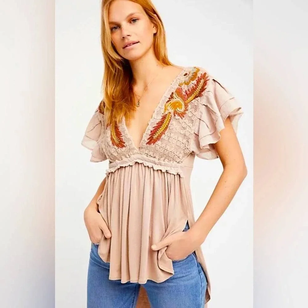 Free People Fiesta Nueva Tunic Top Navy Blue Embroidered Floral Womens Sz Small